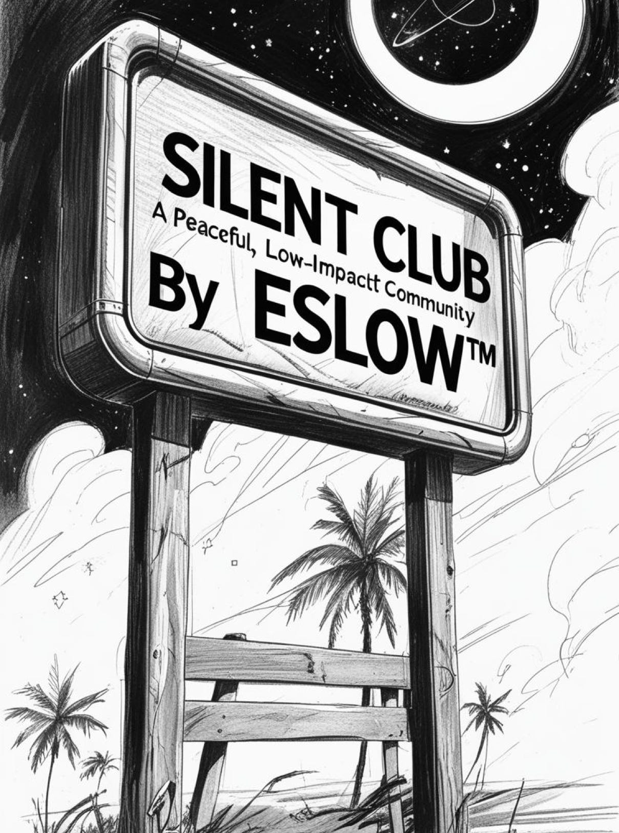 Concepto Silent Club™ espacios de paz comunidad de bajo impacto acústico, concepto EsLow™ Cartel retro que pone Silent Club™ by EsLow